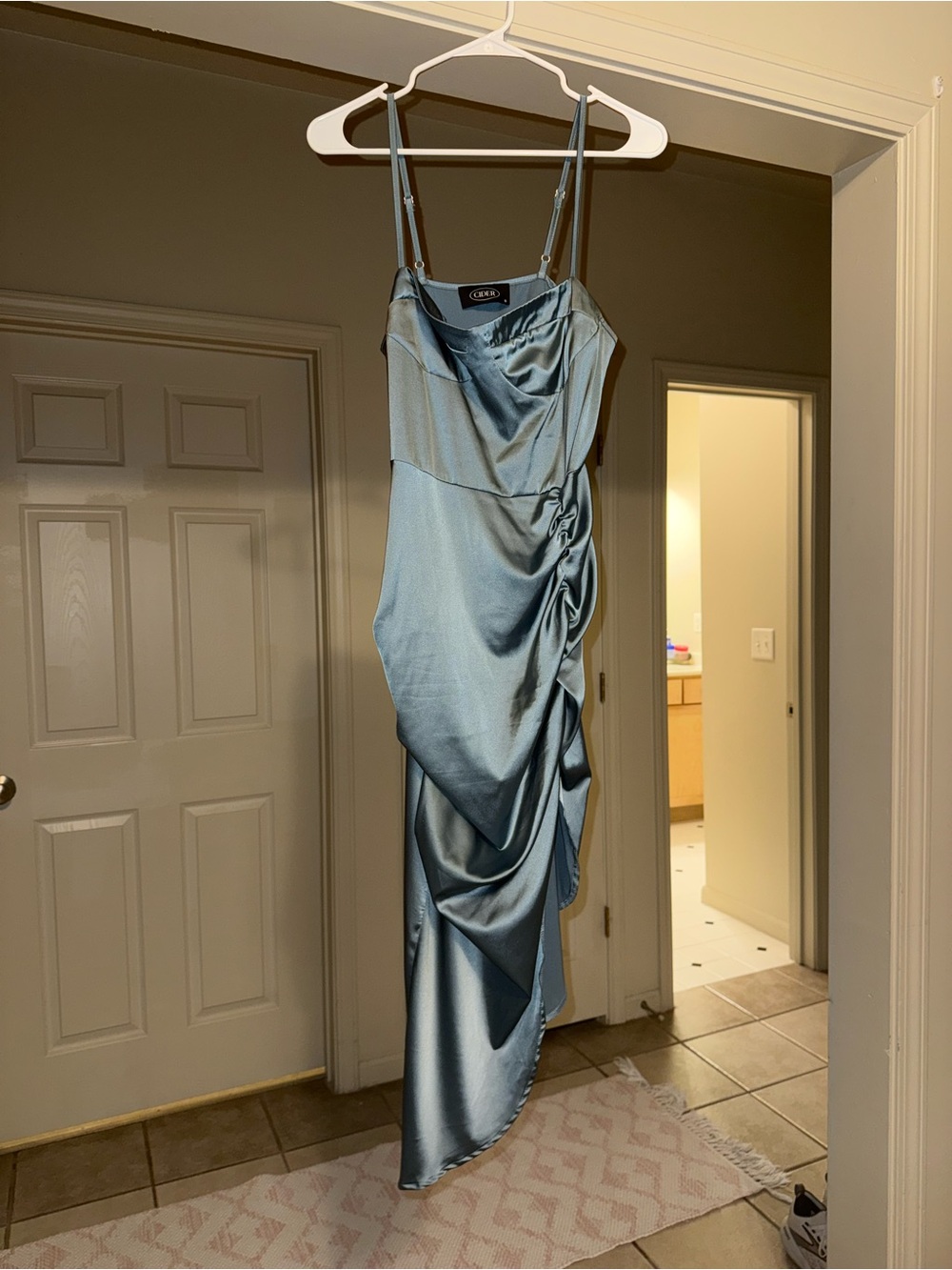 Cider Satin Blue Draped Asymmetric Slip Dress